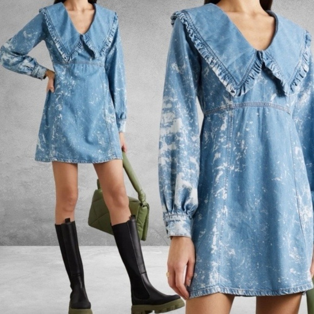 EUC Ganni Net Sustain Ruffled Bleached Organic Denim Mini Dress EUR 40/US 8-10 L